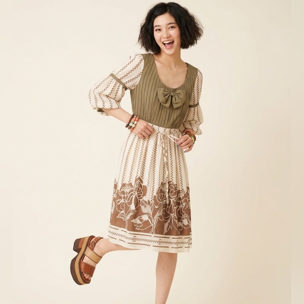 Vintage Tsumori Chisato Silk Cream Brown Checked Floral Bow Puff Sleeve Dress M